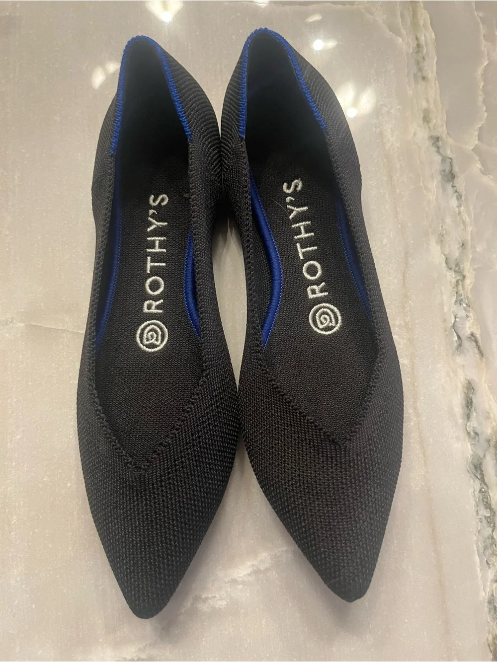 Rothy's Black Pointed Knit Flats with Blue Trim